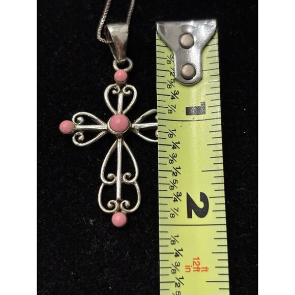 Sterling Silver Scroll Cross Pendant With Faux Pink Coral 25” Italian Box Chain - Picture 5 of 7